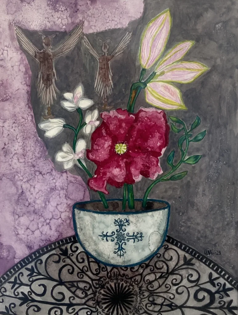 ”Enkeleitä onko heitä”, tempera paperille, 50x60cm, 2023