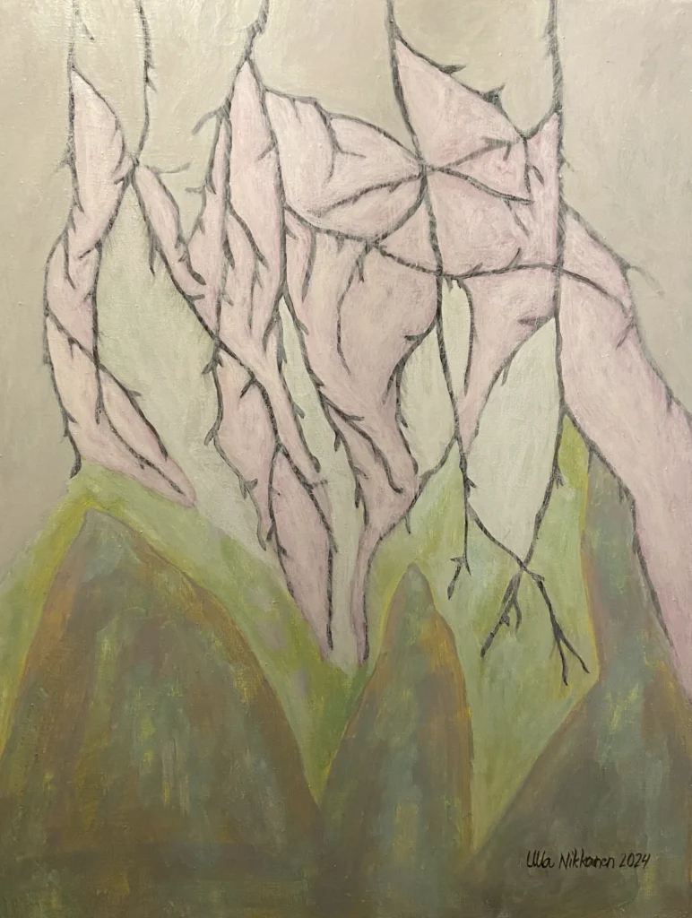 ”Kevät on jo tulossa”, tempera kankaalle, 40x50cm, 2024