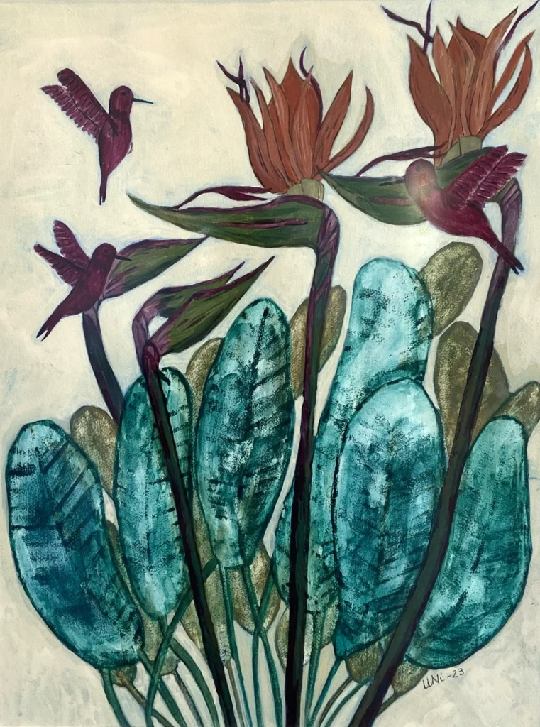 ”Tre fåglar”, tempera paperille, 50x60cm, 2024