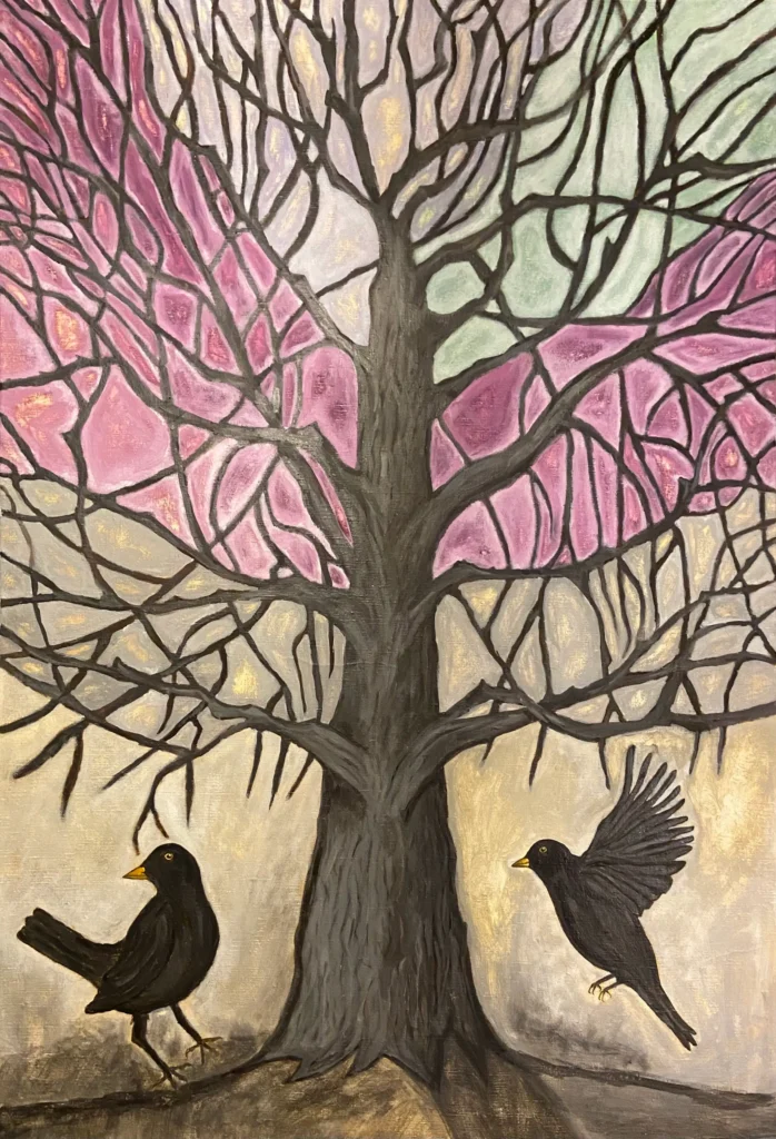 ”Huhtikuu”, tempera kankaalle, 120x100cm, 2024