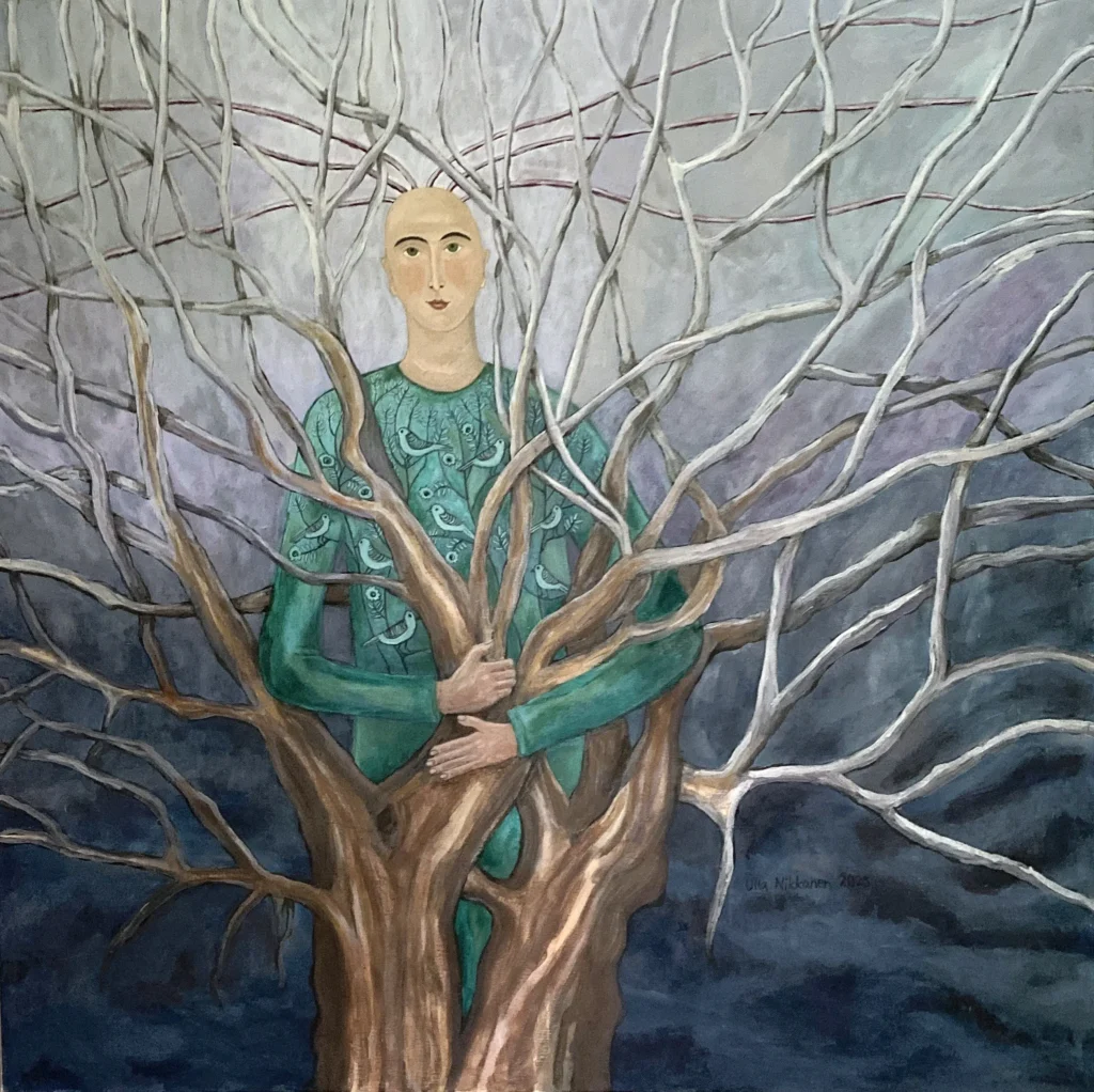 ”Metsänpeitto”, tempera kankaalle, 120x120cm, 2025