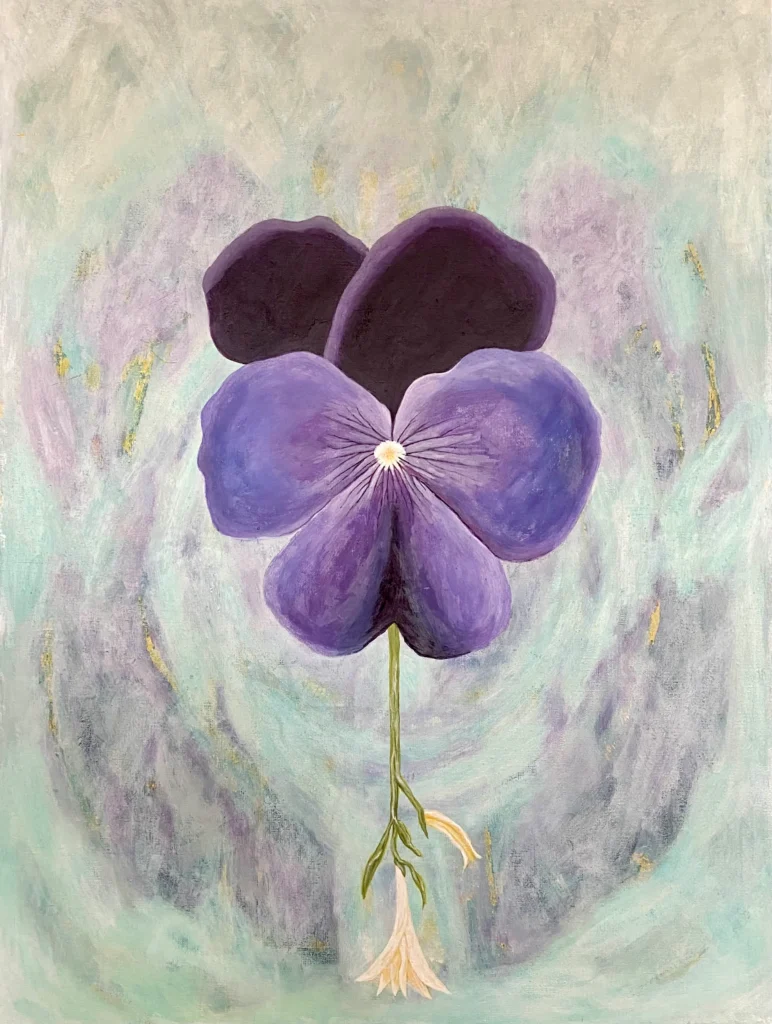 ”Muotopuutarha”, tempera kankaalle, 60x80cm, 2024